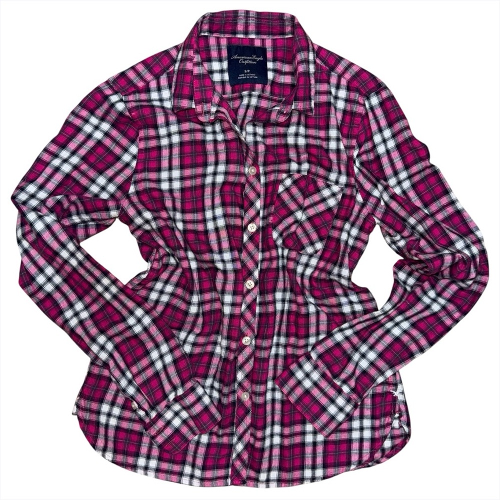 Y2K American Eagle Pink Plaid Button Down Long Sleeve Shirt Women’s Small Cotton - Picture 1 of 10